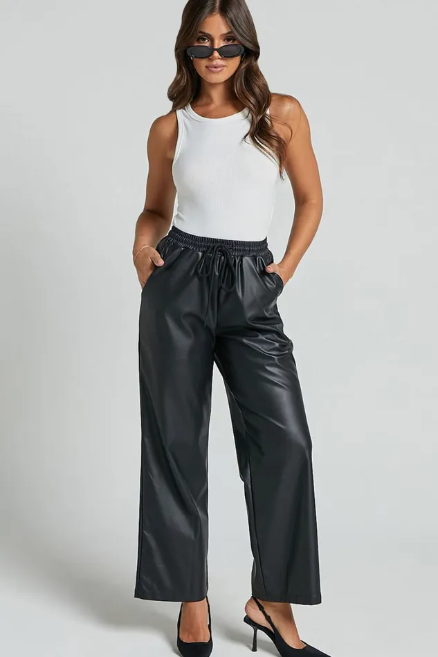 Leah Pants 8211 High Waist Drawstring Faux Leather Pants In Black Women Showpo Pants