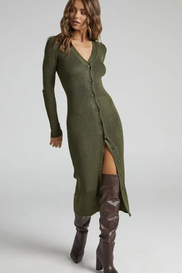 Leahanna Midi Dress 8211 Button Front Knit Dress In Olive Women Showpo Curve Clothes