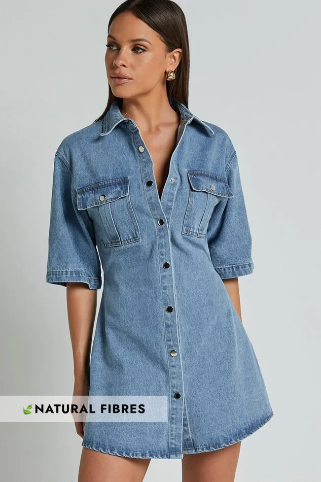 Leilani Mini Dress 8211 Denim Short Sleeve Button Up Dress In Mid Blue Women Showpo Conscious Leilani Mini Dress 8211 Denim Short Sleeve Button Up Dress In Mid Blue Women Showpo Conscious
