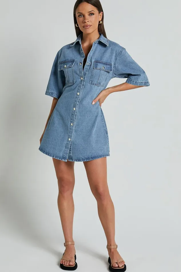 Leilani Mini Dress 8211 Denim Short Sleeve Button Up Dress In Mid Blue Women Showpo Conscious