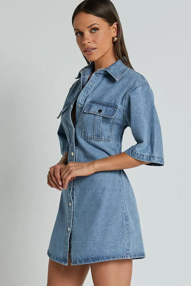 Leilani Mini Dress 8211 Denim Short Sleeve Button Up Dress In Mid Blue Women Showpo Conscious