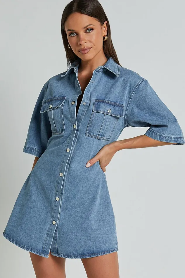 Leilani Mini Dress 8211 Denim Short Sleeve Button Up Dress In Mid Blue Women Showpo Conscious