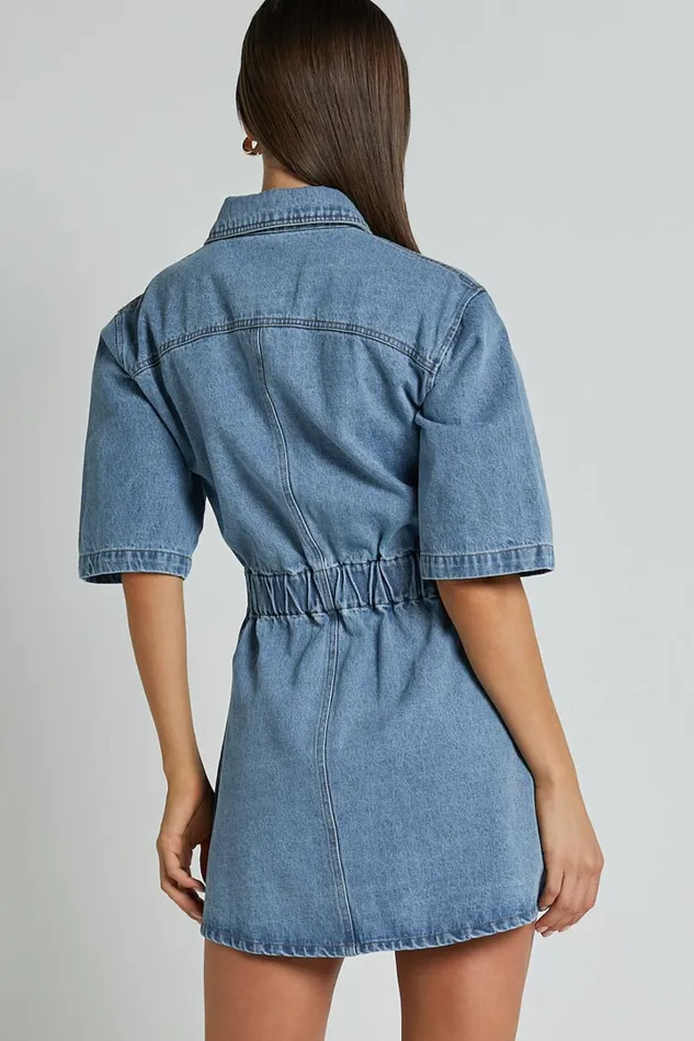 Leilani Mini Dress 8211 Denim Short Sleeve Button Up Dress In Mid Blue Women Showpo Conscious