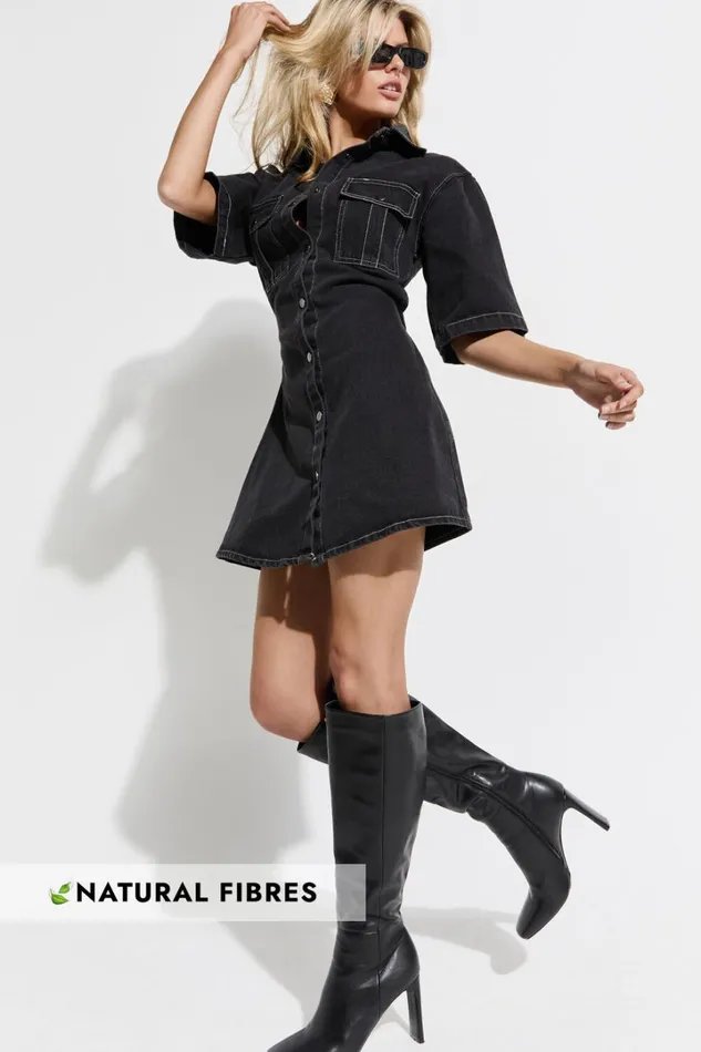 Leilani Mini Dress 8211 Denim Short Sleeve Button Up Dress In Washed Black Women Showpo Conscious Leilani Mini Dress 8211 Denim Short Sleeve Button Up Dress In Washed Black Women Showpo Conscious