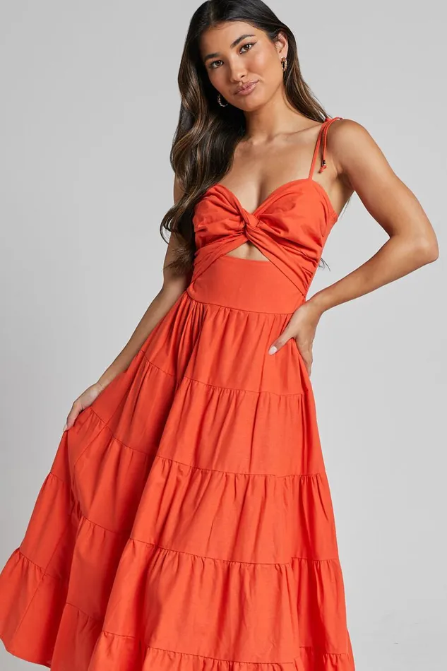 Leticia Midi Dress 8211 Twist Front Tie Strap Tiered Dress In Orange Women Showpo Conscious Leticia Midi Dress 8211 Twist Front Tie Strap Tiered Dress In Orange Women Showpo Conscious