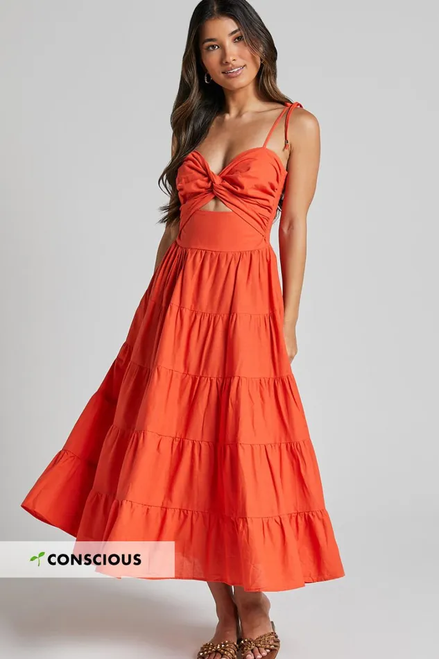 Leticia Midi Dress 8211 Twist Front Tie Strap Tiered Dress In Orange Women Showpo Conscious