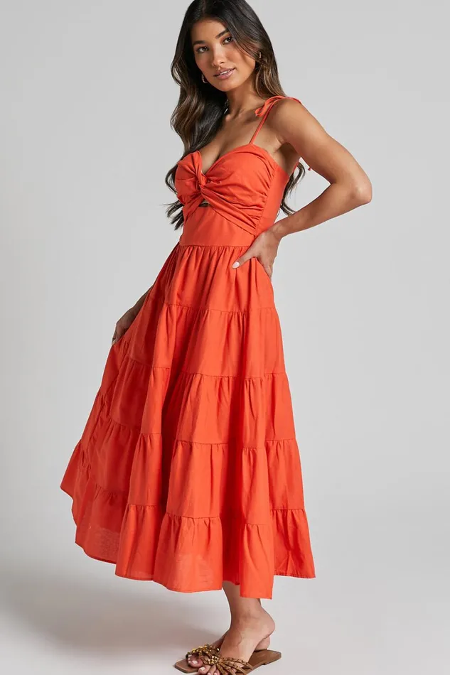 Leticia Midi Dress 8211 Twist Front Tie Strap Tiered Dress In Orange Women Showpo Conscious