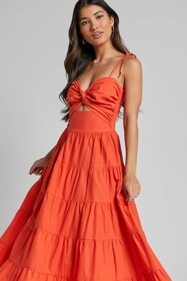 Leticia Midi Dress 8211 Twist Front Tie Strap Tiered Dress In Orange Women Showpo Conscious