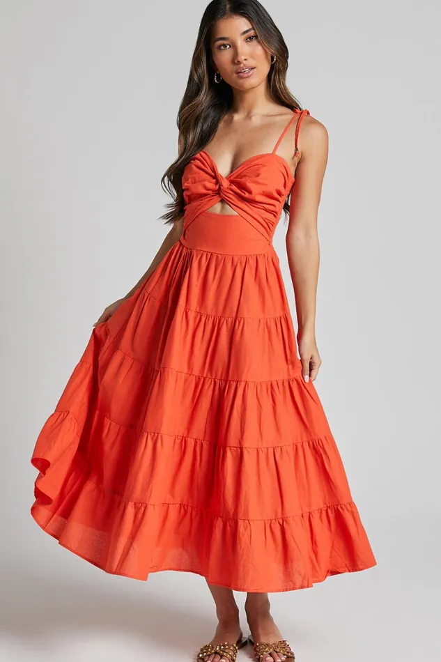 Leticia Midi Dress 8211 Twist Front Tie Strap Tiered Dress In Orange Women Showpo Conscious