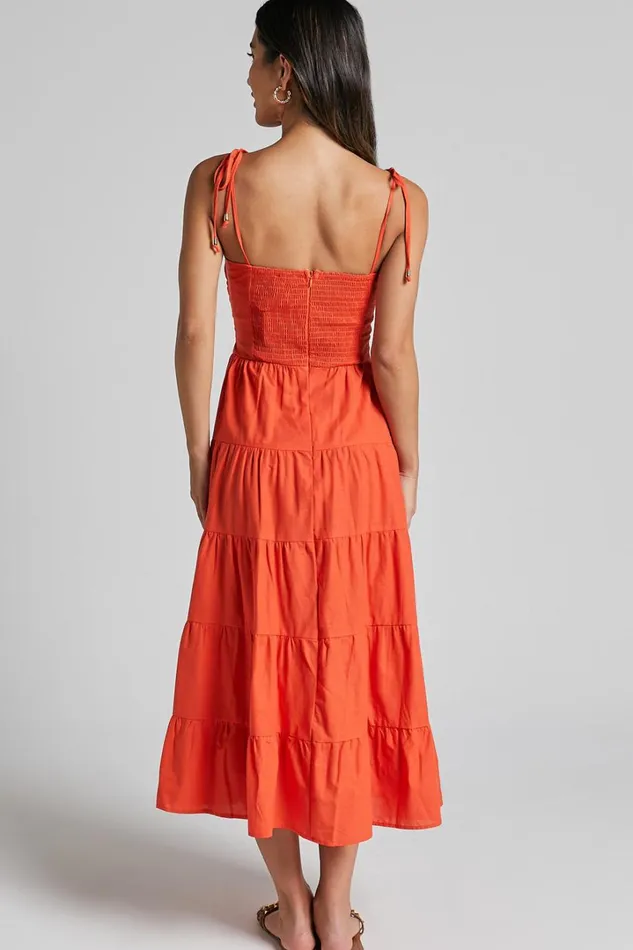 Leticia Midi Dress 8211 Twist Front Tie Strap Tiered Dress In Orange Women Showpo Conscious