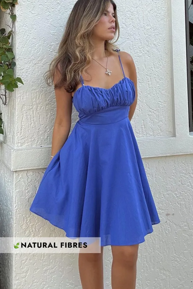 Leuven Mini Dress 8211 Linen Look Empire Waist Dress In Blue Women Showpo Conscious