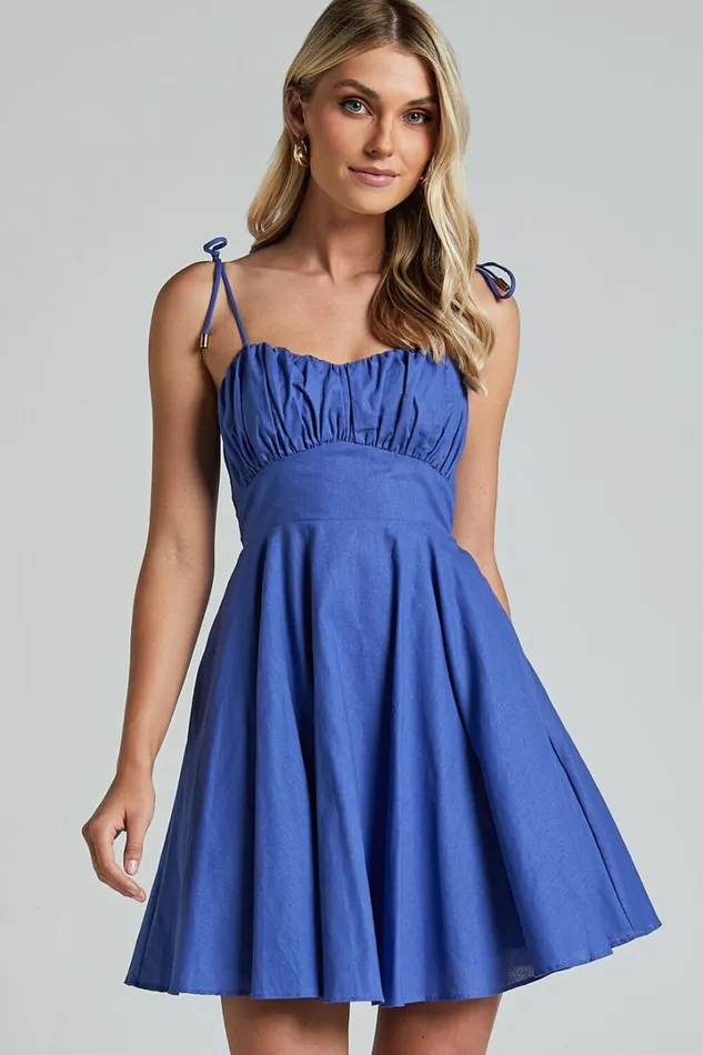 Leuven Mini Dress 8211 Linen Look Empire Waist Dress In Blue Women Showpo Conscious
