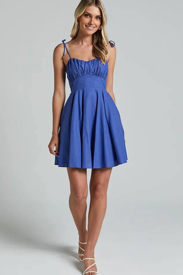Leuven Mini Dress 8211 Linen Look Empire Waist Dress In Blue Women Showpo Conscious