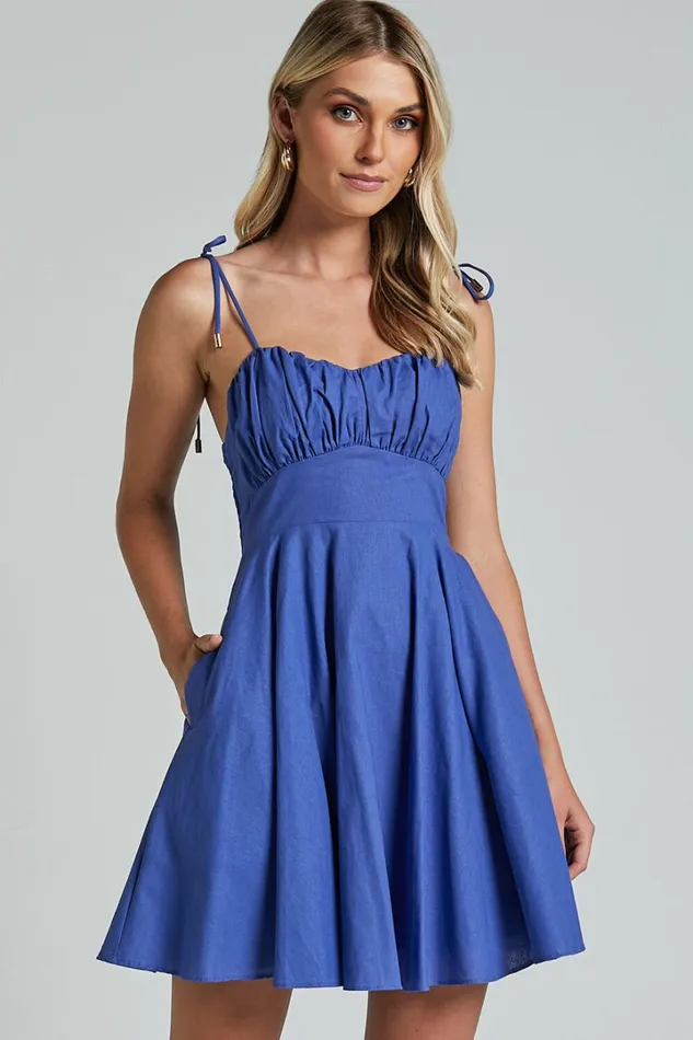 Leuven Mini Dress 8211 Linen Look Empire Waist Dress In Blue Women Showpo Conscious