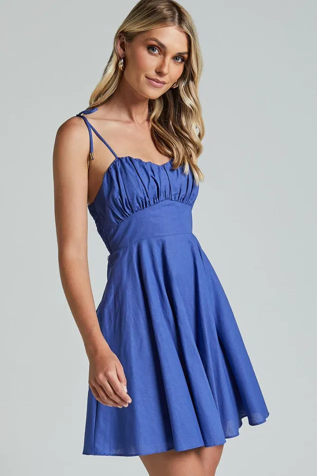 Leuven Mini Dress 8211 Linen Look Empire Waist Dress In Blue Women Showpo Conscious