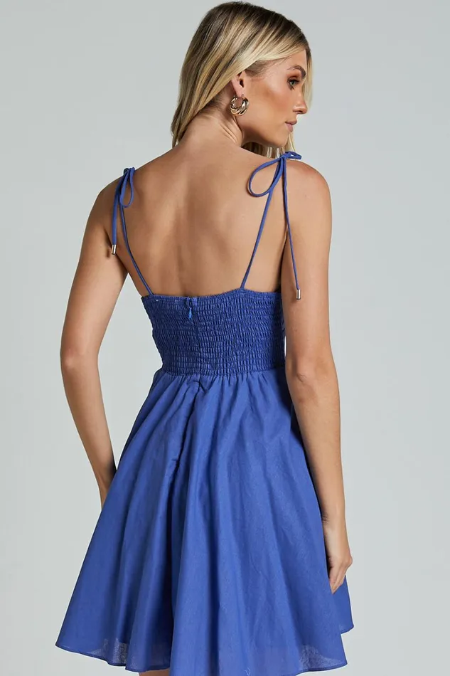 Leuven Mini Dress 8211 Linen Look Empire Waist Dress In Blue Women Showpo Conscious