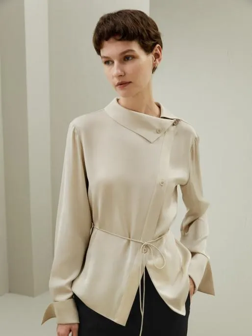 Lilysilk Asymmetrical Silk Shirt With Waist Tie Elegant And Simple Women Blouses Shirts