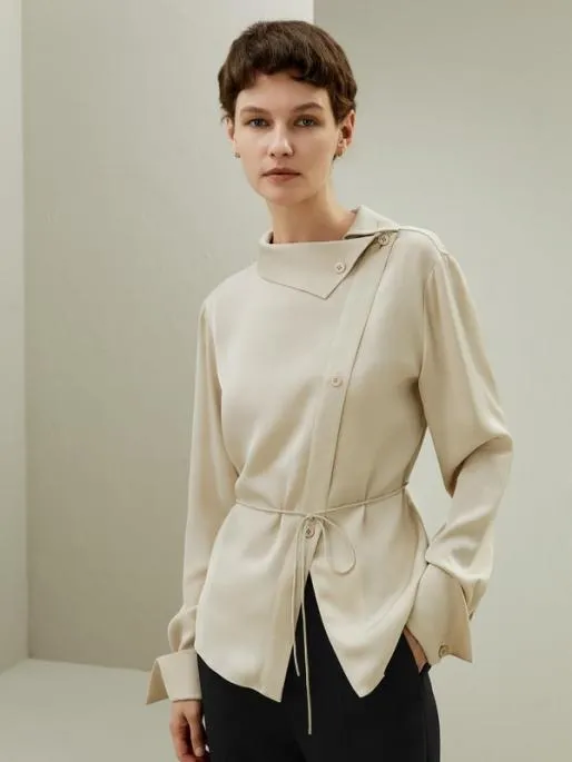 Lilysilk Asymmetrical Silk Shirt With Waist Tie Elegant And Simple Women Blouses Shirts