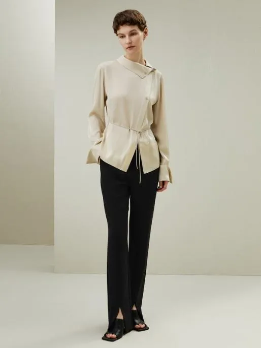 Lilysilk Asymmetrical Silk Shirt With Waist Tie Elegant And Simple Women Blouses Shirts