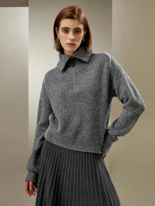 Lilysilk Cashmere Half ZipUp Ribbed Sweater Women Knitwear