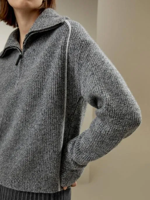 Lilysilk Cashmere Half ZipUp Ribbed Sweater Women Knitwear