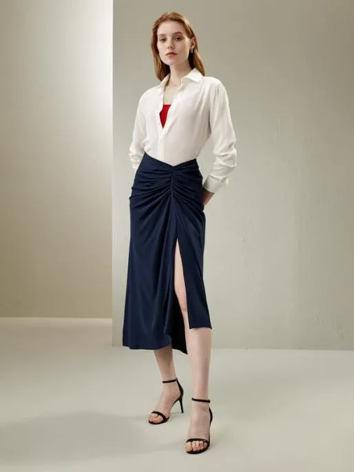 Lilysilk Luxury Tucked Drape Silk Split Maxi Skirt With Pleating Essential Skirt For Any Occasion Women Bottoms