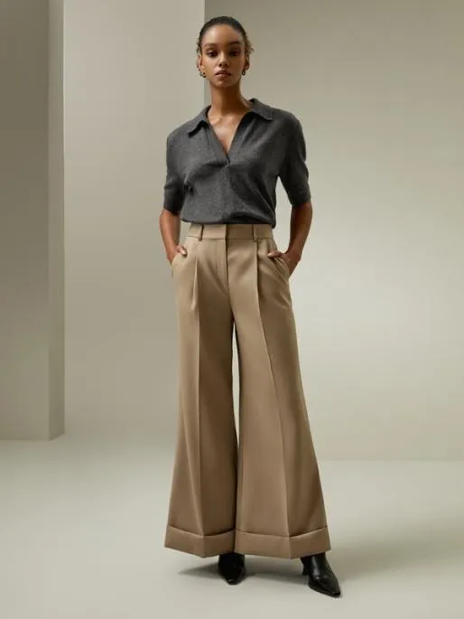 Lilysilk SilkWool Rolled Hem Flared Cropped Trousers Women Knitwear