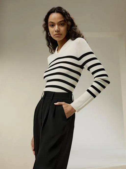 Lilysilk Striped Ultrafine Merino Wool Sweater Women Knitwear