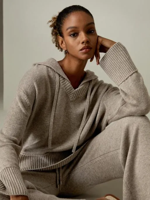 Lilysilk V Neck WoolCashmere Blend Hoodie Sweater Women Knitwear
