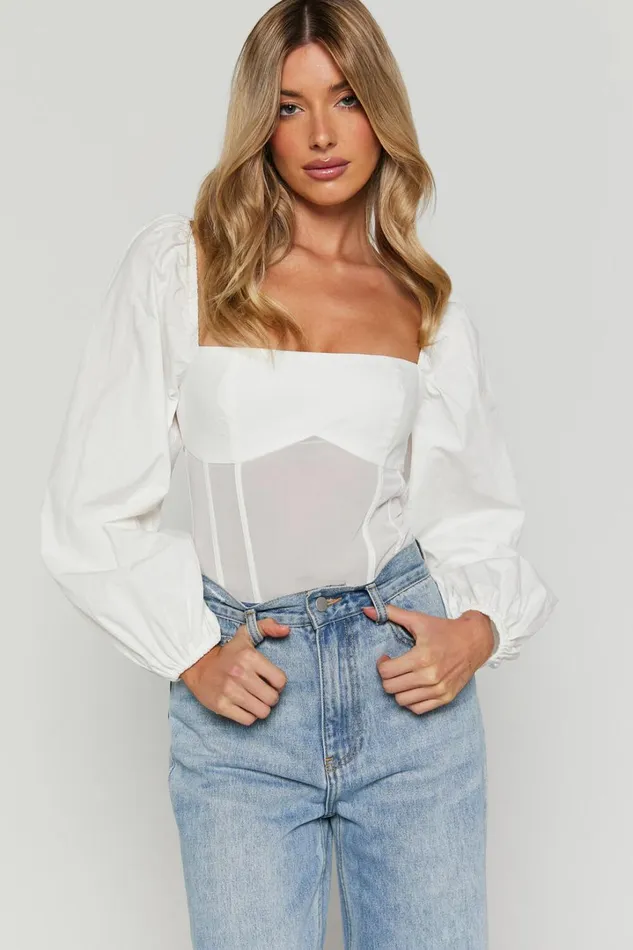 Lincy Bodysuit 8211 Puff Long Sleeve Mesh Waist Detail Bodysuit In White Women Showpo Tops Lincy Bodysuit 8211 Puff Long Sleeve Mesh Waist Detail Bodysuit In White Women Showpo Tops