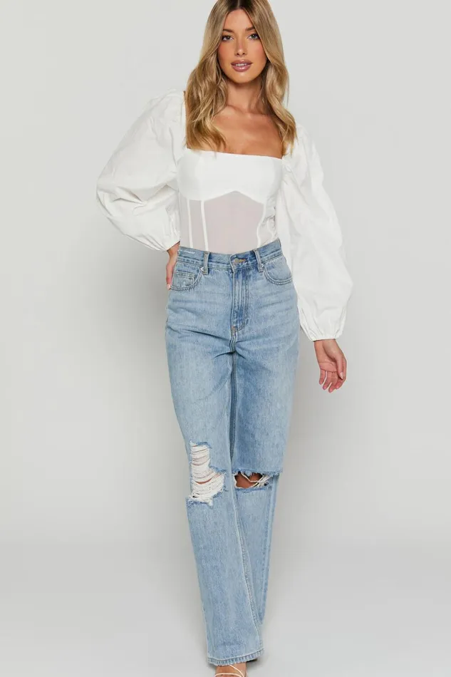 Lincy Bodysuit 8211 Puff Long Sleeve Mesh Waist Detail Bodysuit In White Women Showpo Tops