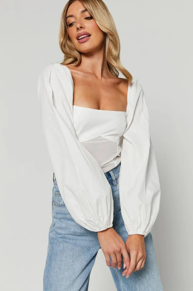 Lincy Bodysuit 8211 Puff Long Sleeve Mesh Waist Detail Bodysuit In White Women Showpo Tops