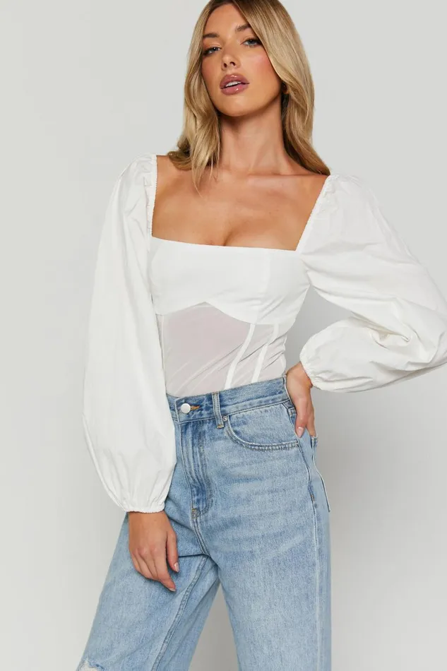 Lincy Bodysuit 8211 Puff Long Sleeve Mesh Waist Detail Bodysuit In White Women Showpo Tops