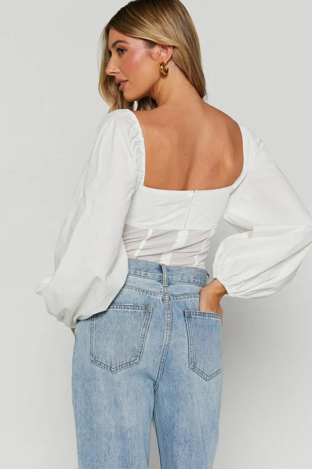 Lincy Bodysuit 8211 Puff Long Sleeve Mesh Waist Detail Bodysuit In White Women Showpo Tops