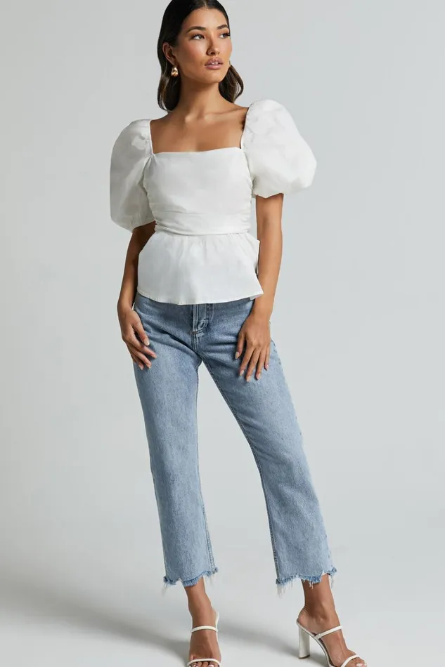 Linda Top 8211 Short Puff Sleeve Peplum In Ivory Women Showpo Tops