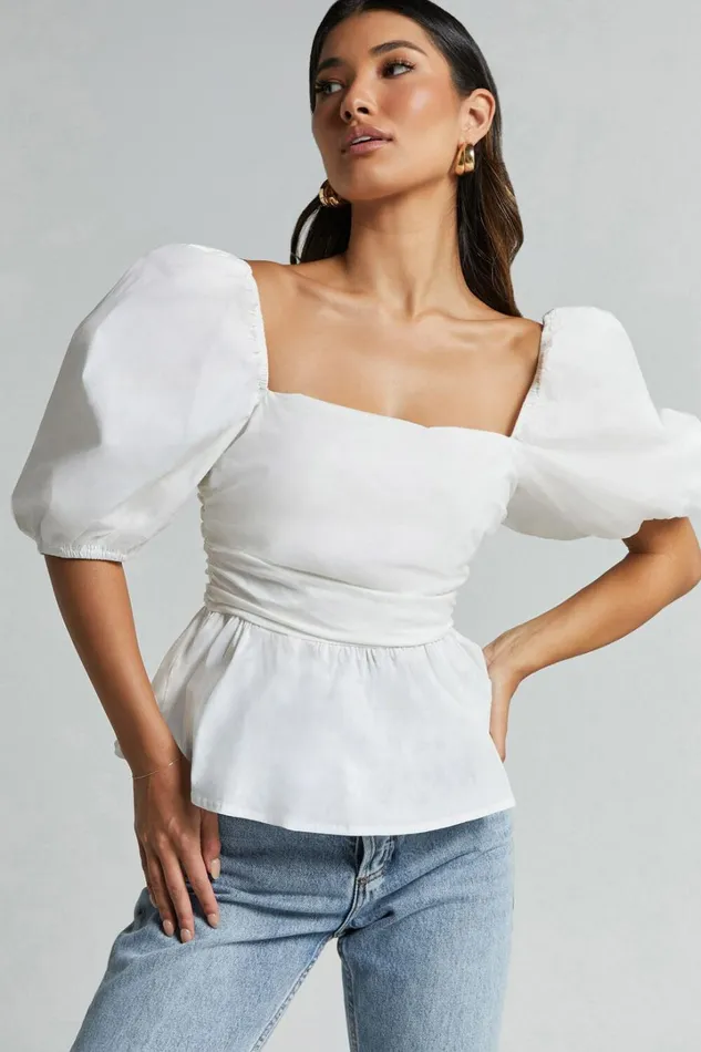 Linda Top 8211 Short Puff Sleeve Peplum In Ivory Women Showpo Tops