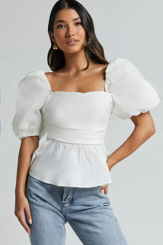 Linda Top 8211 Short Puff Sleeve Peplum In Ivory Women Showpo Tops