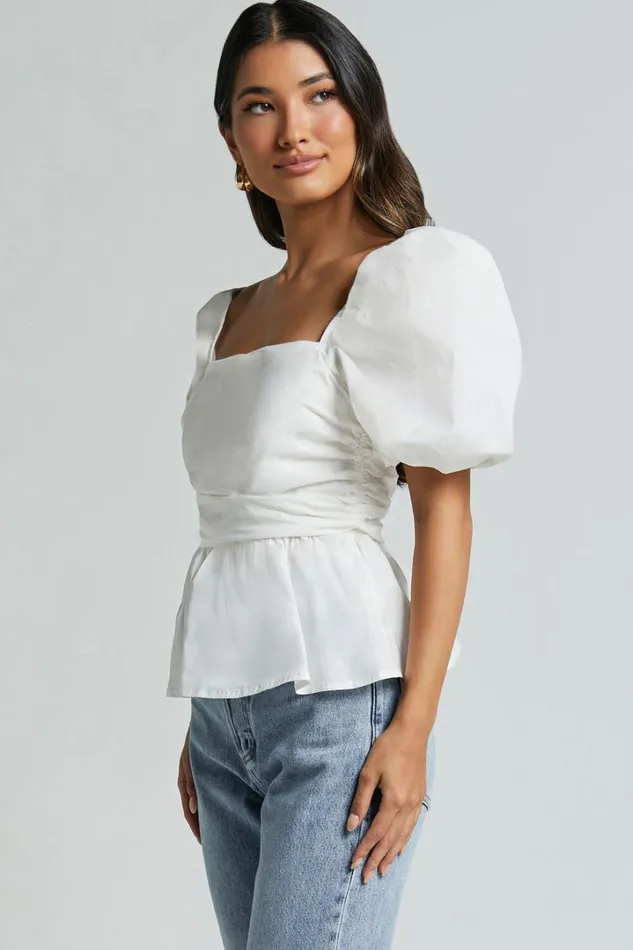 Linda Top 8211 Short Puff Sleeve Peplum In Ivory Women Showpo Tops
