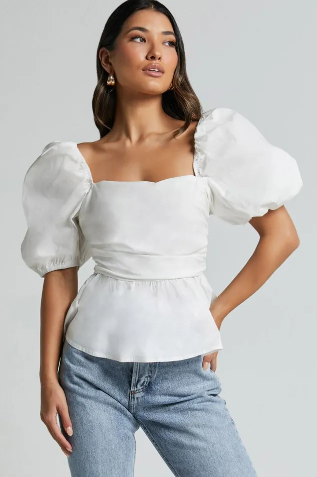 Linda Top 8211 Short Puff Sleeve Peplum In Ivory Women Showpo Tops