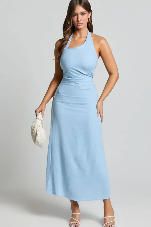 Lindley Midi Dress 8211 Halter Neck Linen Look Dress In Soft Blue Women Showpo Dresses