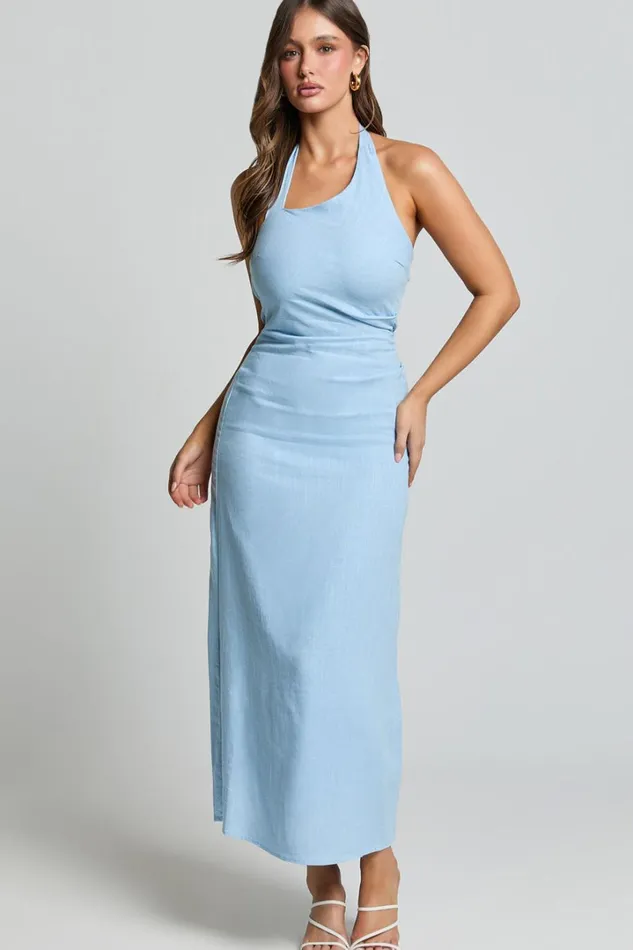 Lindley Midi Dress 8211 Halter Neck Linen Look Dress In Soft Blue Women Showpo Dresses
