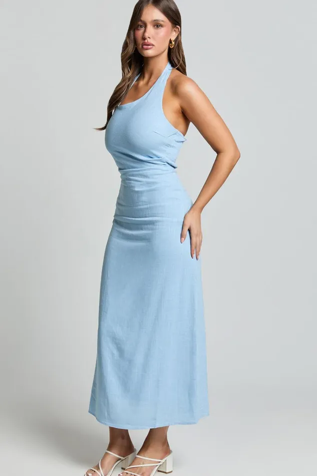 Lindley Midi Dress 8211 Halter Neck Linen Look Dress In Soft Blue Women Showpo Dresses