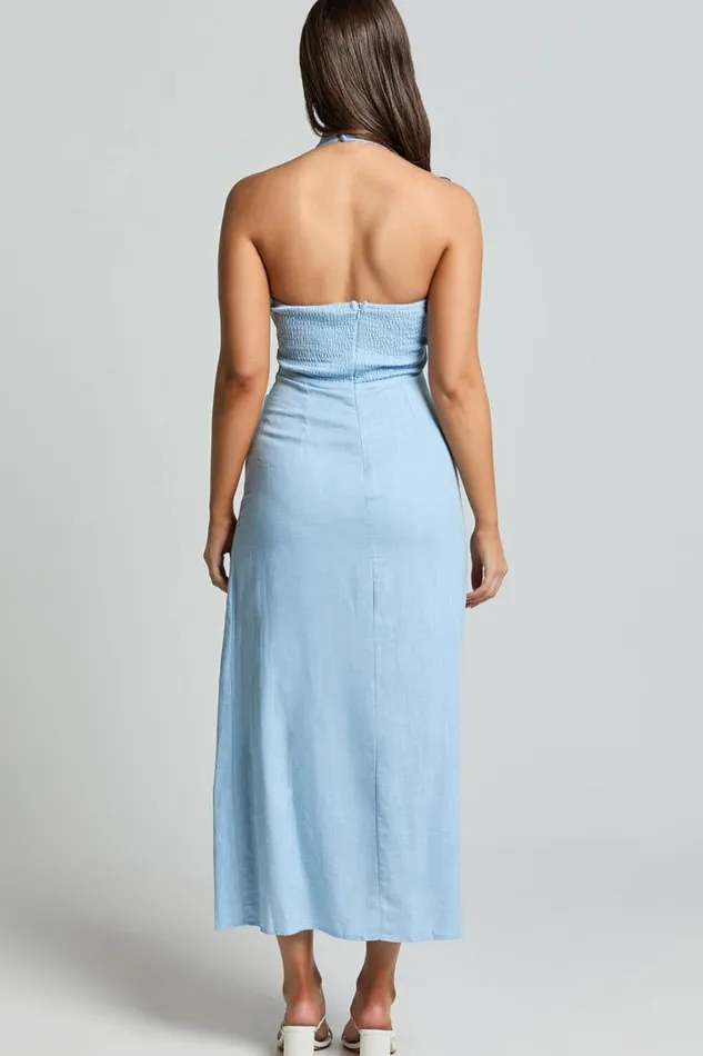 Lindley Midi Dress 8211 Halter Neck Linen Look Dress In Soft Blue Women Showpo Dresses