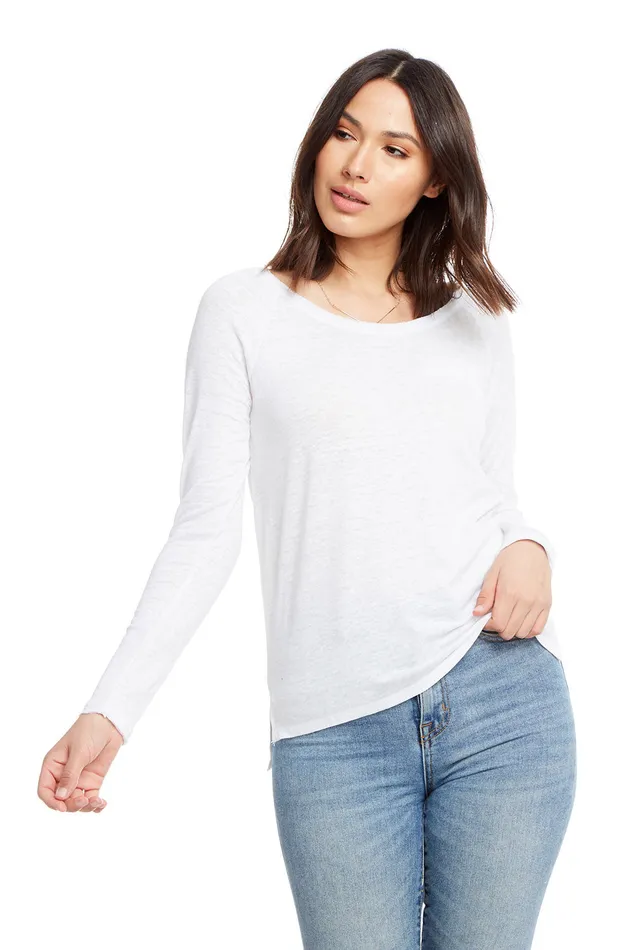 Linen Jersey Long Sleeve Hi Lo Open Neck Welt Pocket Raglan Tee Womens Loungewear Chaser Brand
