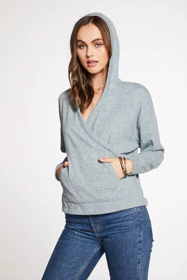 Linen Rib Long Sleeve Drop Shoulder Surplice Pullover Hoodie Womens Outerwear Chaser Brand