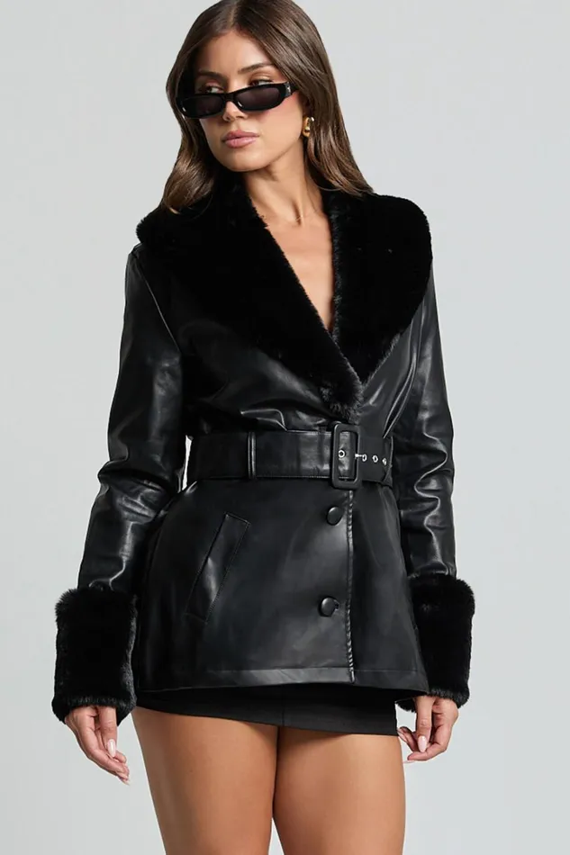 Lioness 8211 Brooklyn Short PU With Fur Trim Coat In Onyx Women Showpo Jackets and Coats