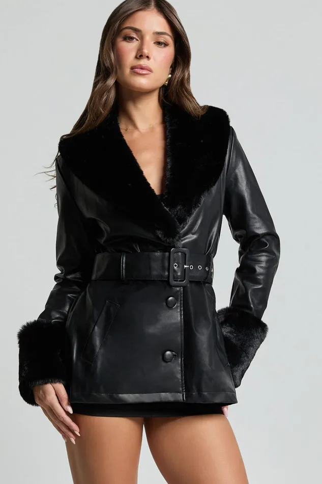 Lioness 8211 Brooklyn Short PU With Fur Trim Coat In Onyx Women Showpo Jackets and Coats
