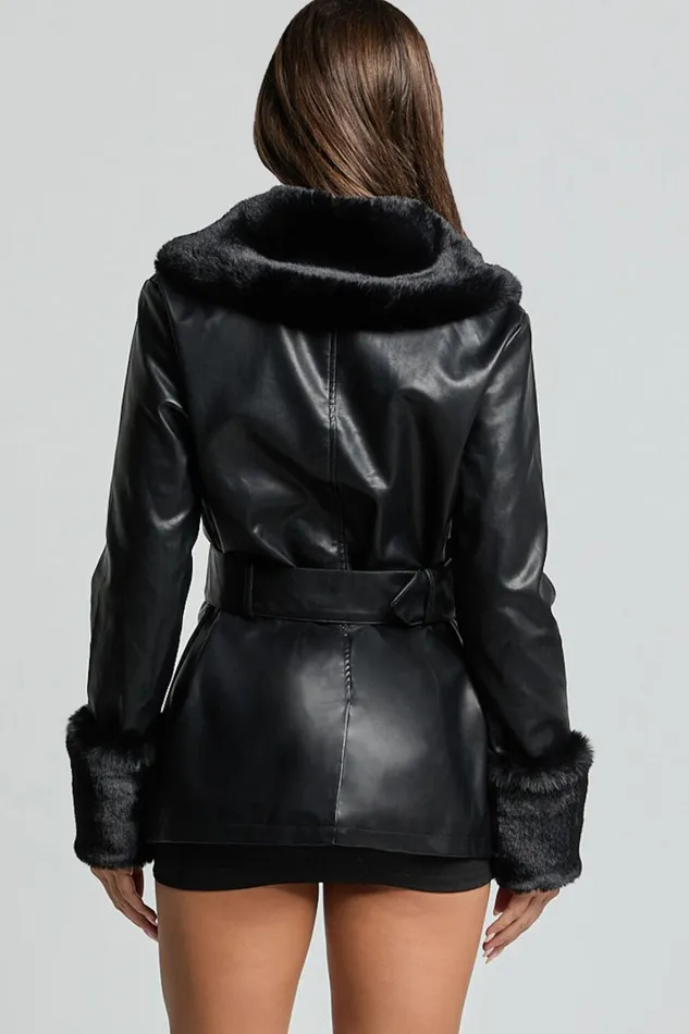Lioness 8211 Brooklyn Short PU With Fur Trim Coat In Onyx Women Showpo Jackets and Coats