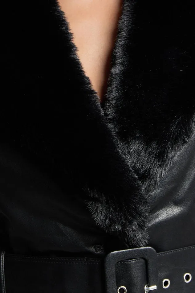 Lioness 8211 Brooklyn Short PU With Fur Trim Coat In Onyx Women Showpo Jackets and Coats