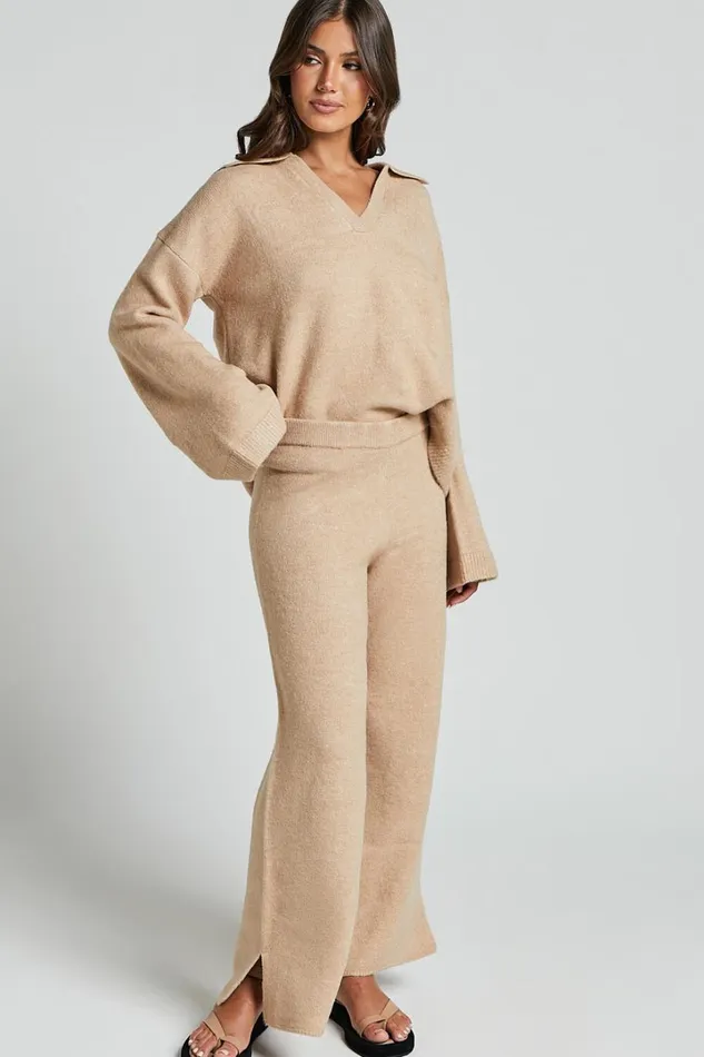 Livia Pants 8211 Knitted High Waisted Side Split Pants In Beige Marl Women Showpo Pants